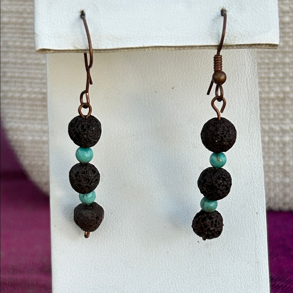 Handmade pumice lava rock and turquoise colored beads on copper wire